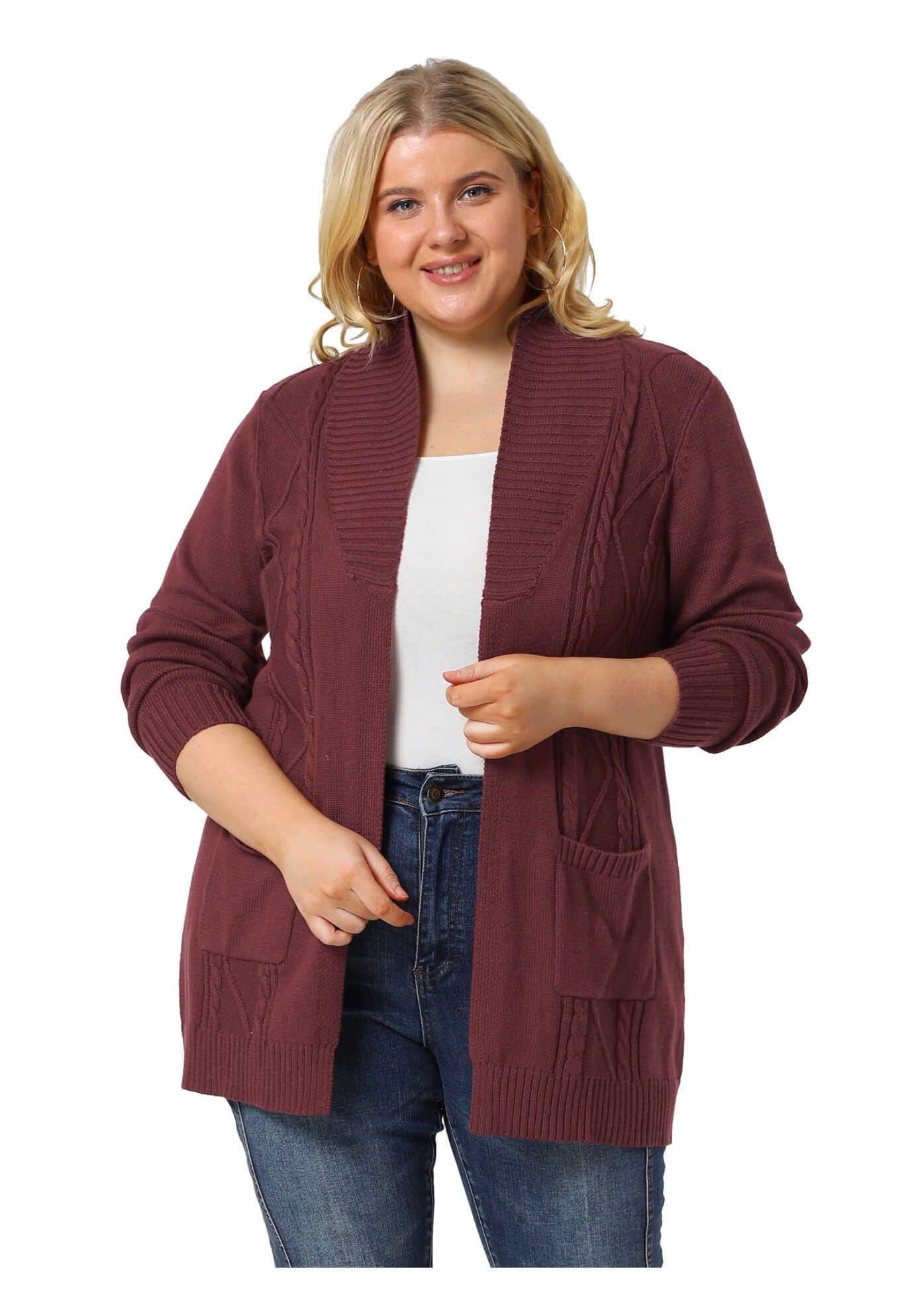 SHAWL COLLAR OPEN FRONT SWEATER CARDIGAN, Burgundy / Red, alternate image number 2