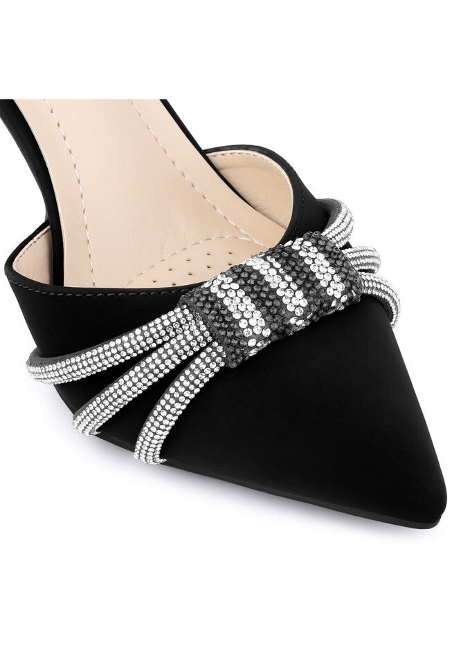 Pointed Toe Ankle Strap Rhinestone Stiletto High Heel Pumps, Black / Black, alternate image number 1