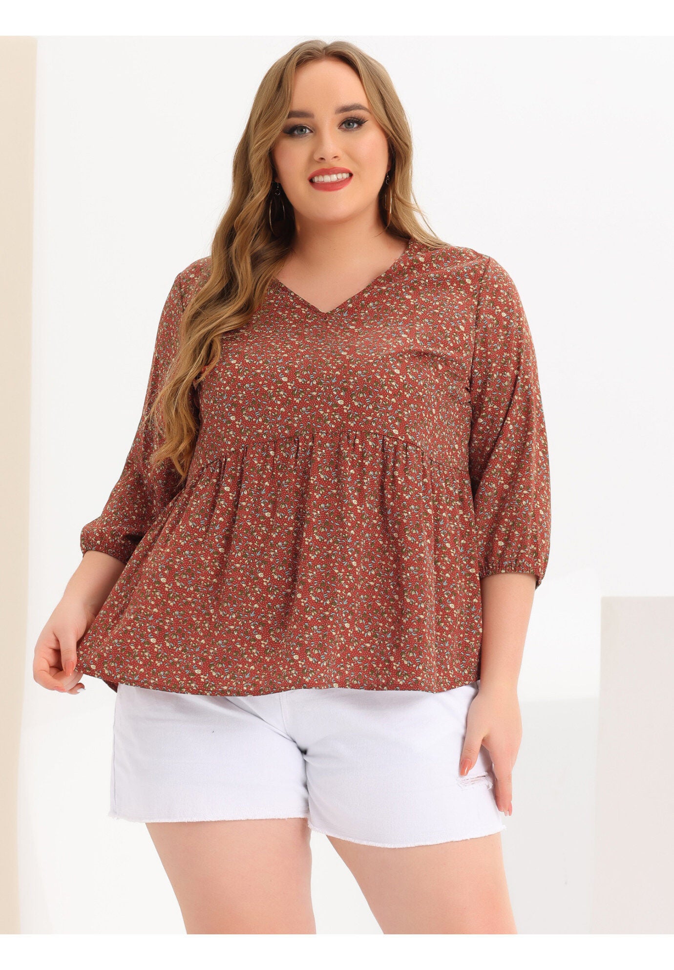 V Neck Babydoll Flowy 3/4 Lantern Sleeve Floral Blouse, Red Brown / Brown, hi-res image number 0
