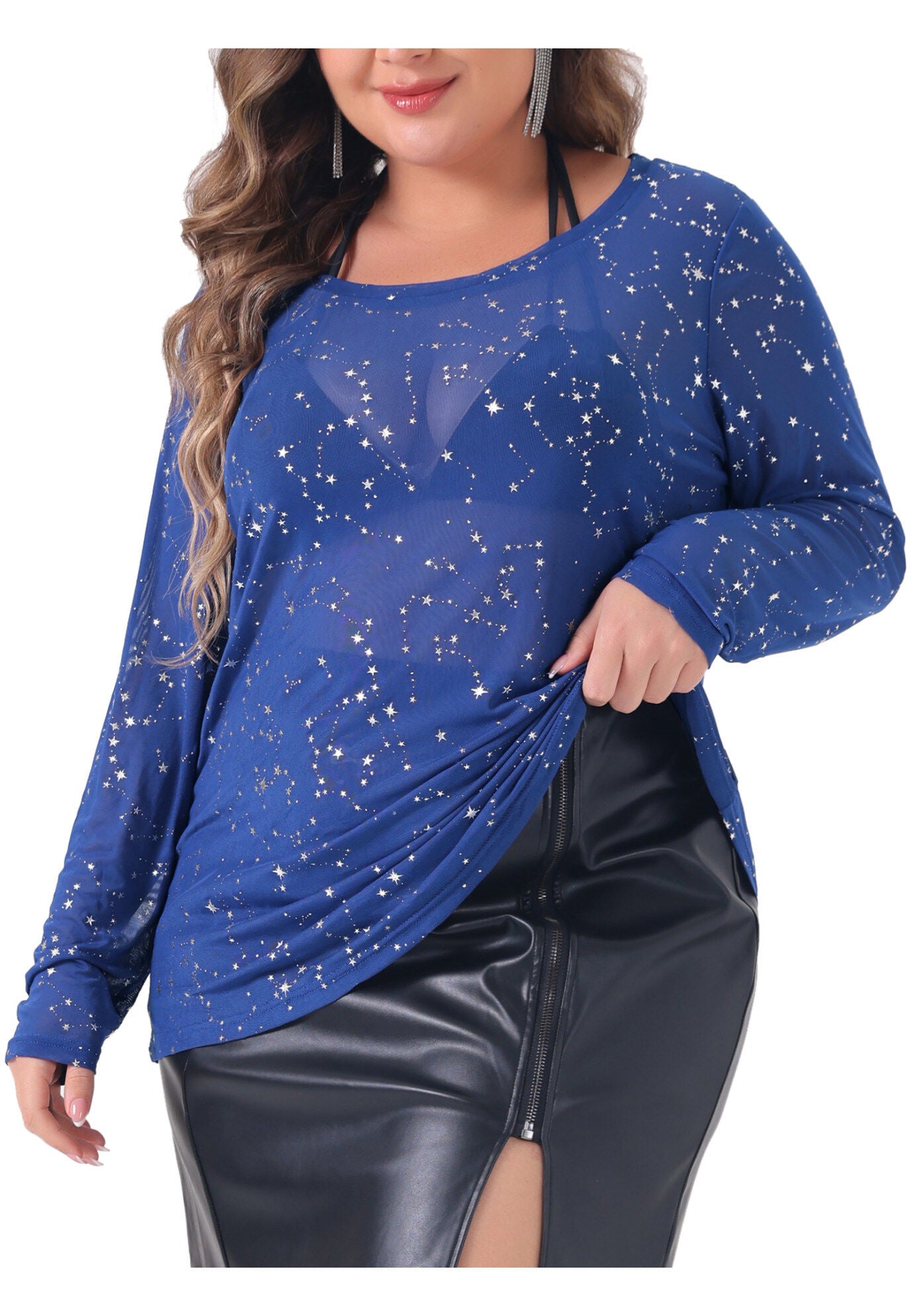 Sheer Mesh Long Sleeve Crew Neck Top, Dark Blue / Cornflower Blue, alternate image number 2