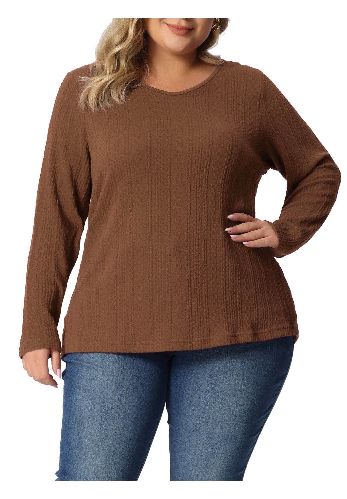 V Neck Long Sleeve Basic Knit Top Tee T-Shirt, Brown / Brown, alternate image number 2