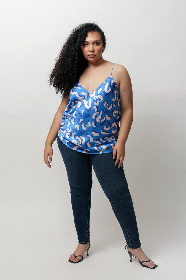 Selma Satin Cami Tank Top, Black and Blue Horsehoe Print / Light Blue, hi-res image number 0