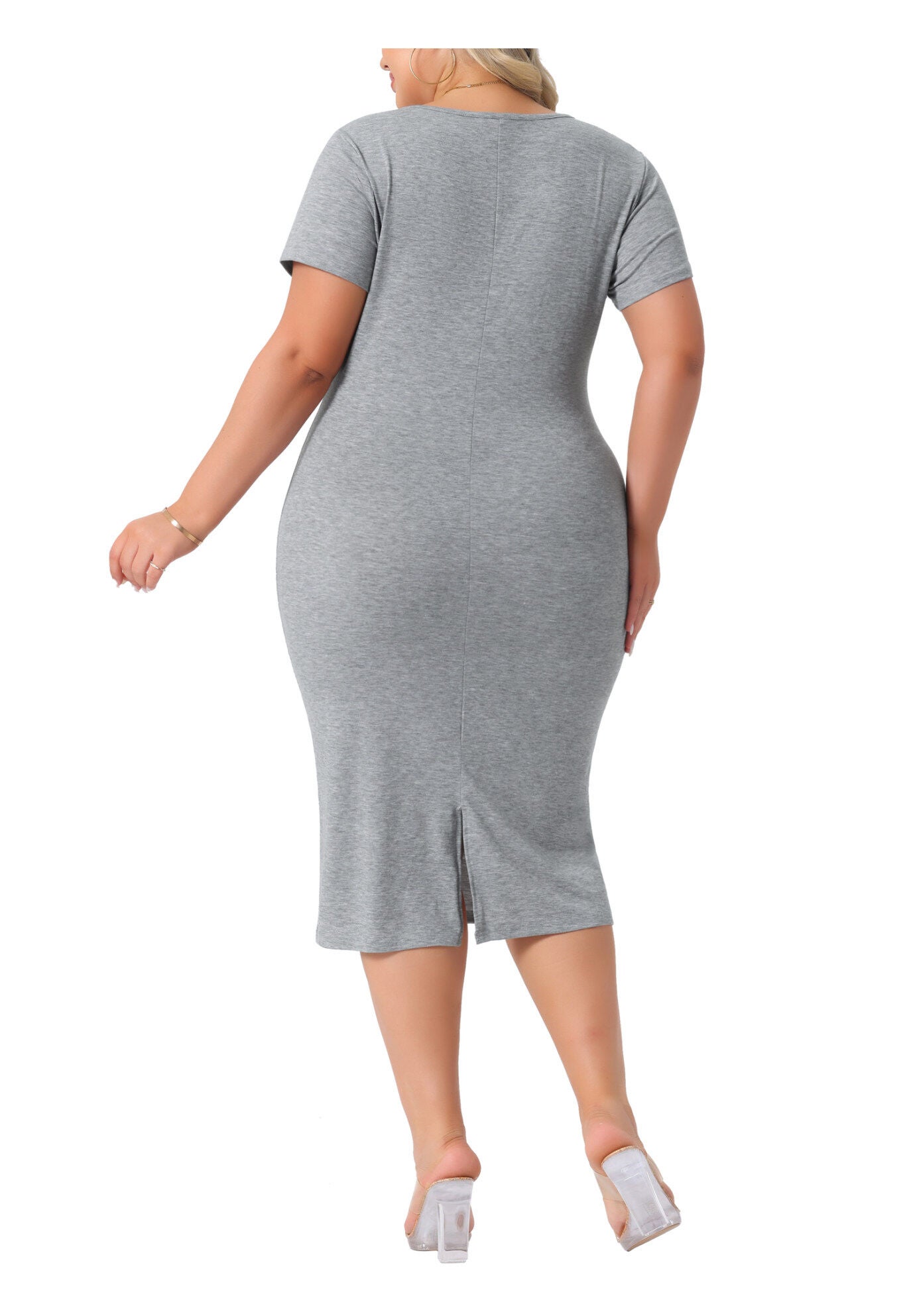 Short Sleeve Crew Neck Casual Midi Bodycon Casual T Shirt Dress, Gray / Light Grey, alternate image number 3