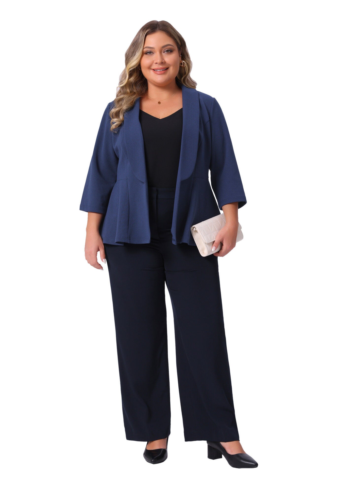3/4 Sleeve Peplum Lapel Work Cardigan Blazer, Navy Blue / Navy, hi-res image number 0