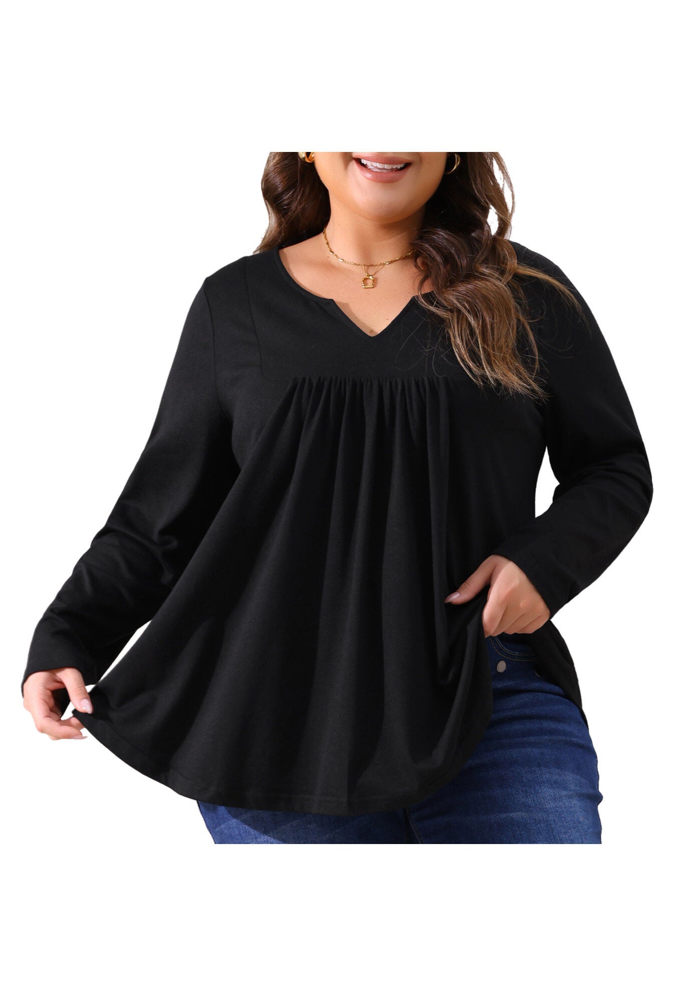 Notched Neck Long Sleeve Front Pleated Blouse, Black / Black, alternate image number 2