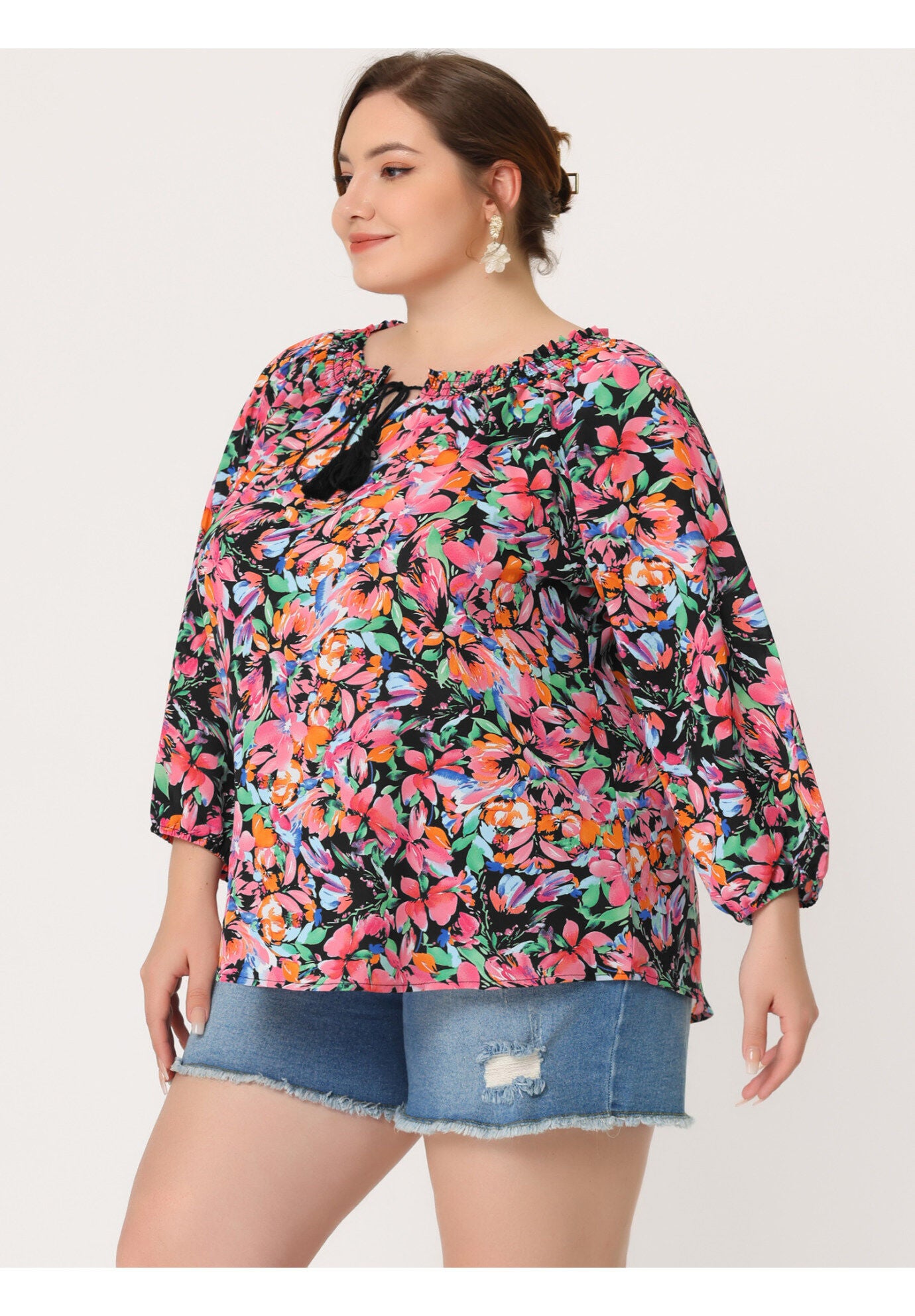 Floral Loose Top Tie 3/4 Sleeve Beach Tunic Blouse, Black / Black, hi-res image number 0