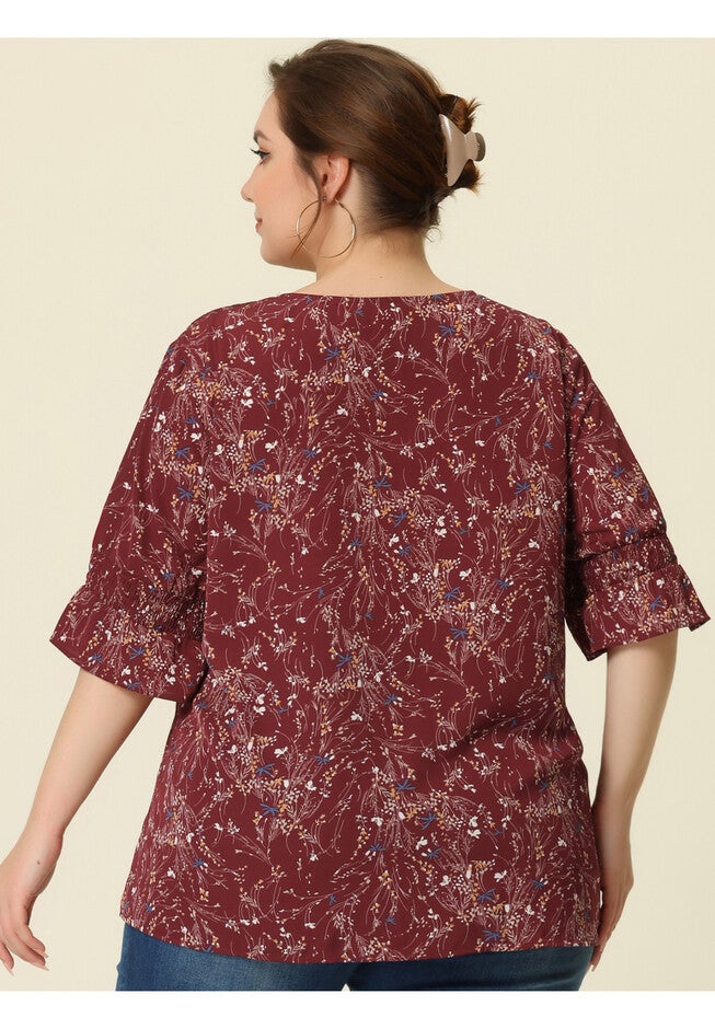 Ruffle Blouse V Neck Smocked Sleeves Top, Wine Red Floral / Red, alternate image number 2
