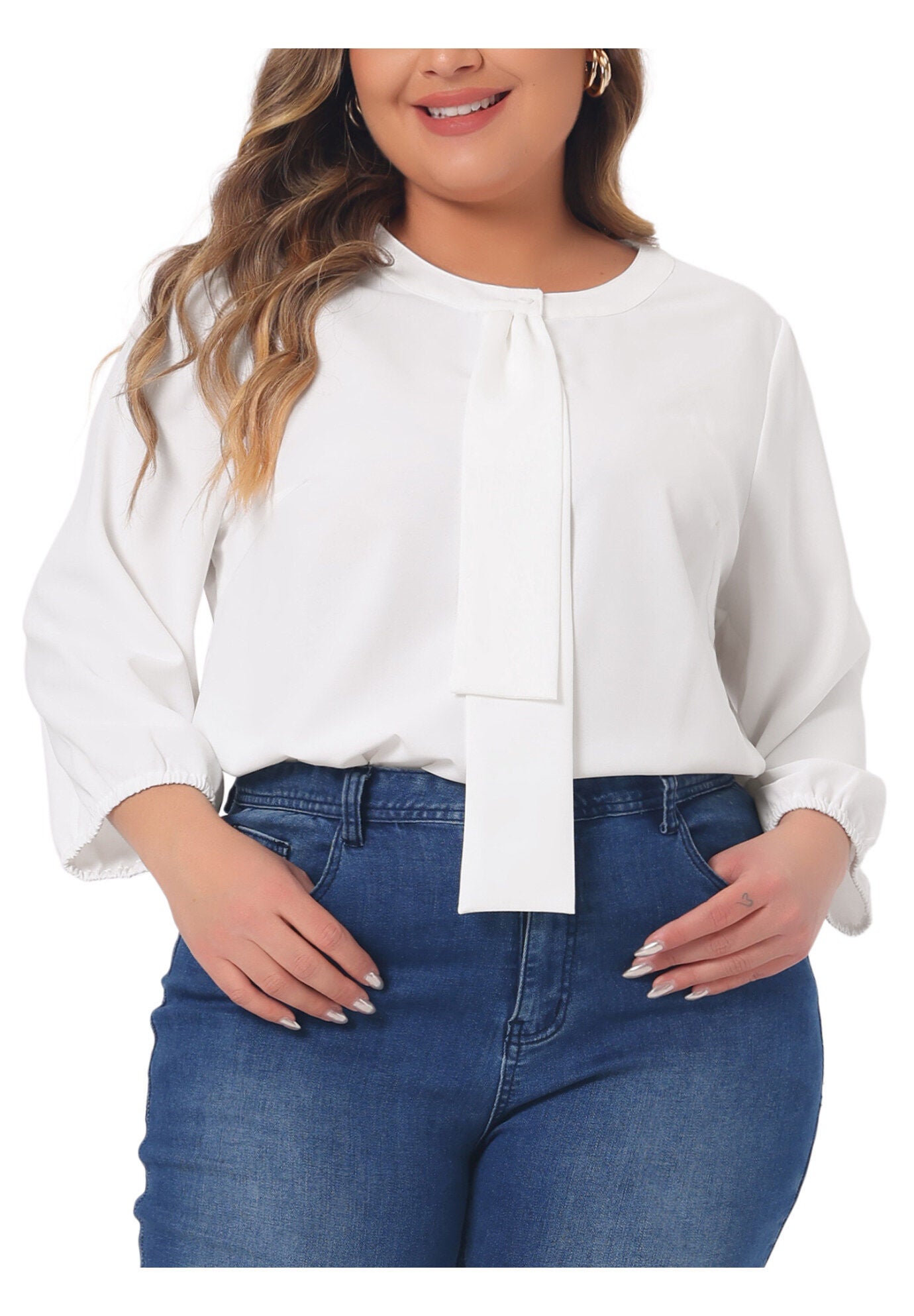 3/4 Sleeve Work Office Tie Front Ruffle Chiffon Blouse Top, White / White, alternate image number 1
