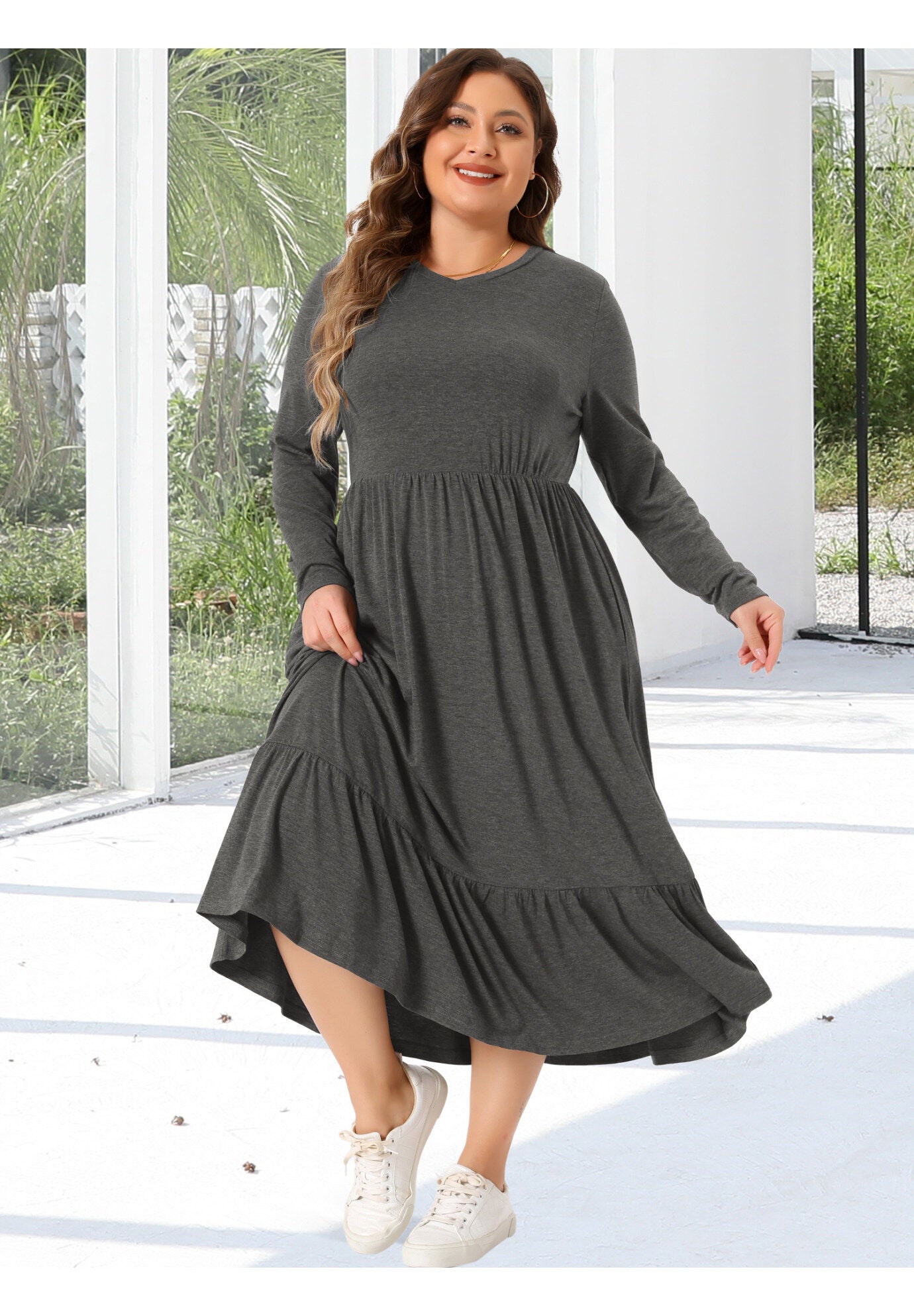 V Neck T Shirts Flowy Tiered A-Line Dress with Pockets, Gray / Charcoal Grey, hi-res image number 0
