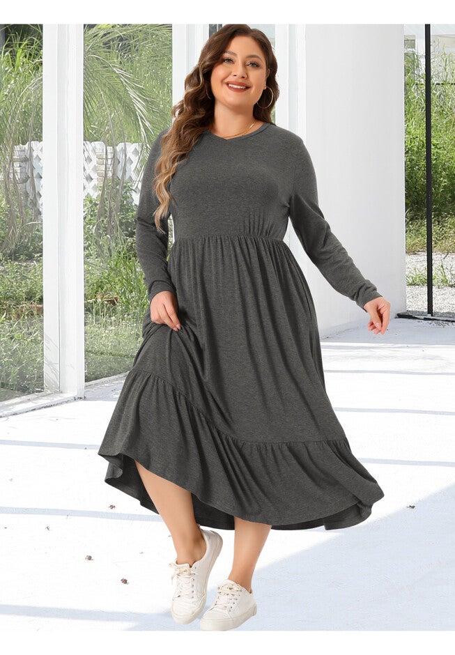 V Neck T Shirts Flowy Tiered A-Line Dress with Pockets, Gray / Charcoal Grey, hi-res image number 0