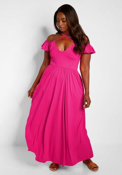 Pure Intentions Ruffle Sleeve Maxi A Line Dress W. Pockets