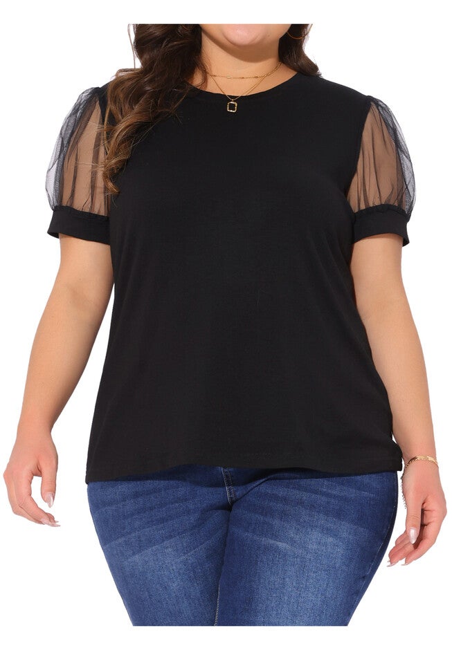 Mesh Short Sleeve Summer Blouse Top, Black / Black, alternate image number 2