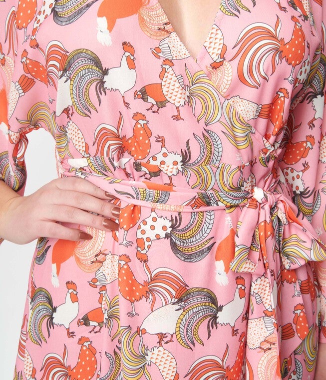 Unique Vintage Pink Rooster Print Wrap Maxi Dress, , alternate image number null