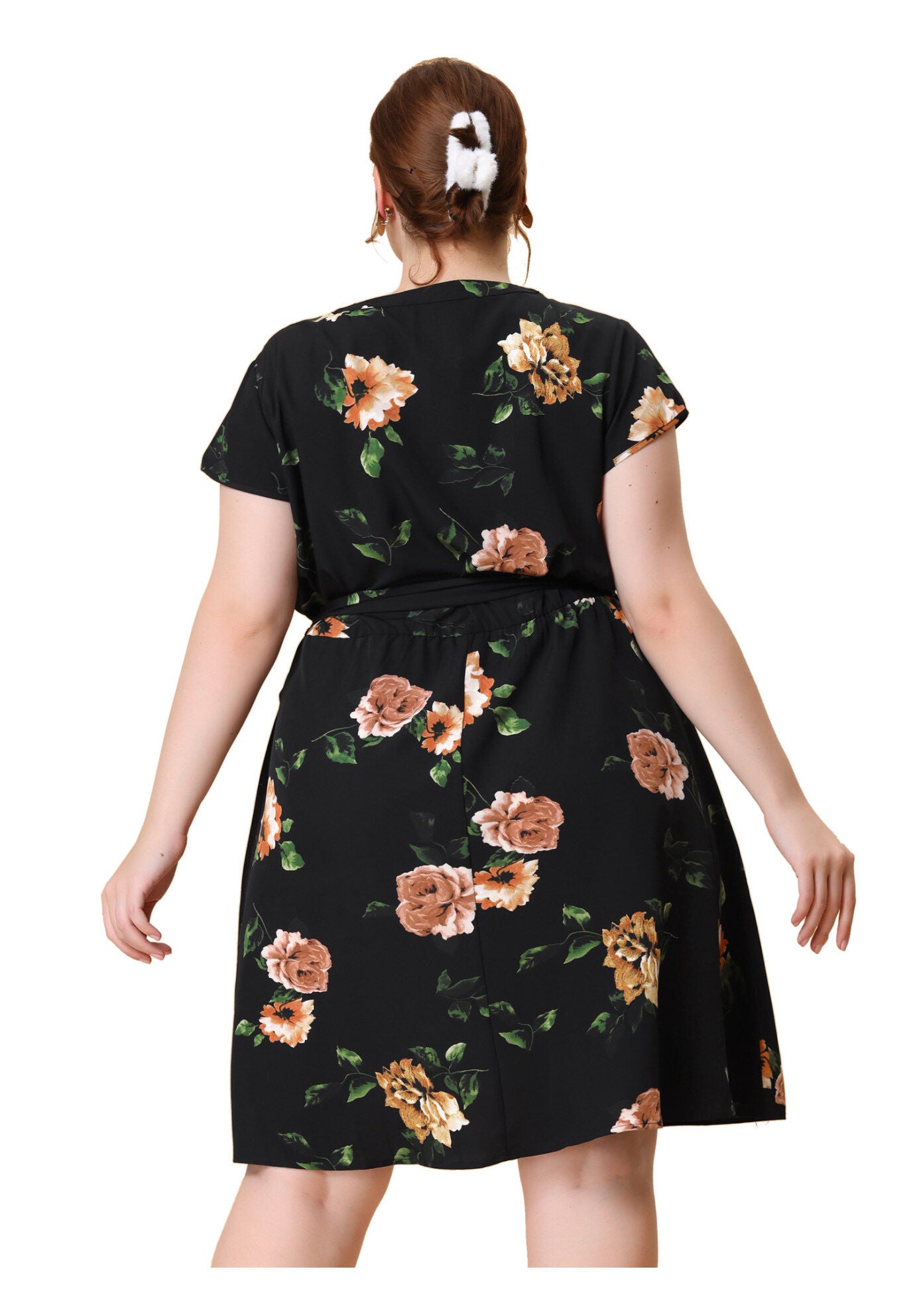 V Neck Belted Summer Floral Dress, Black / Black, alternate image number 3