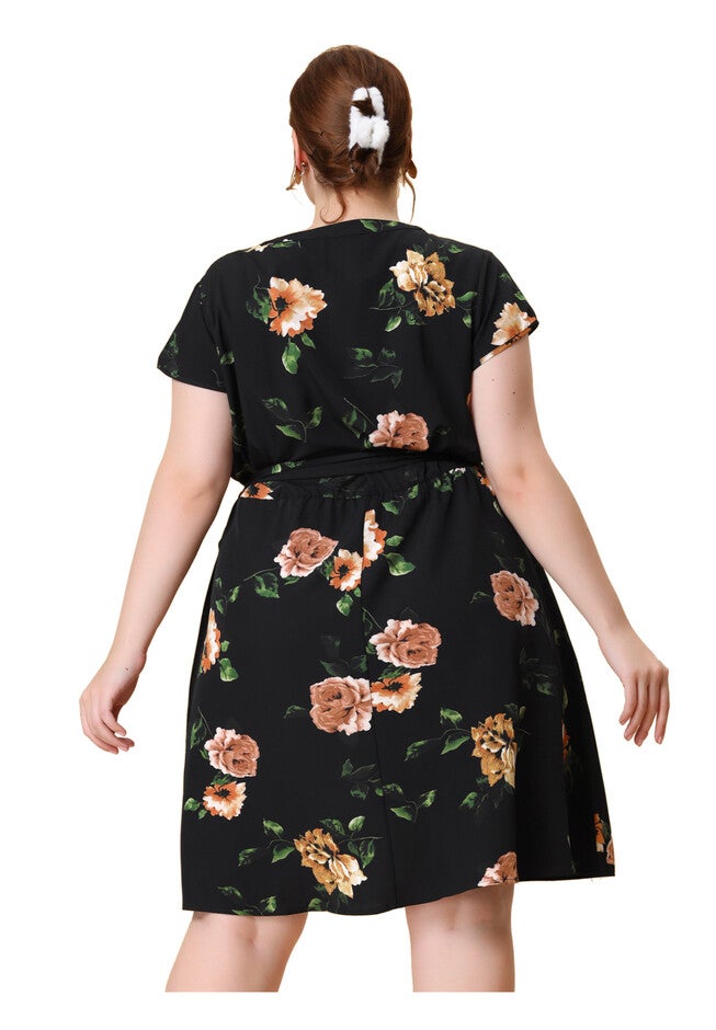 V Neck Belted Summer Floral Dress, Black / Black, alternate image number 3
