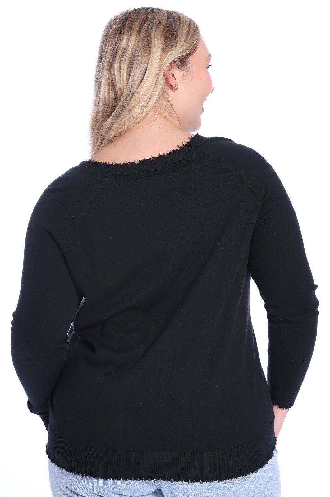 Cotton Cashmere Distressed Long Sleeve V-Neck Sweater, , alternate image number 2