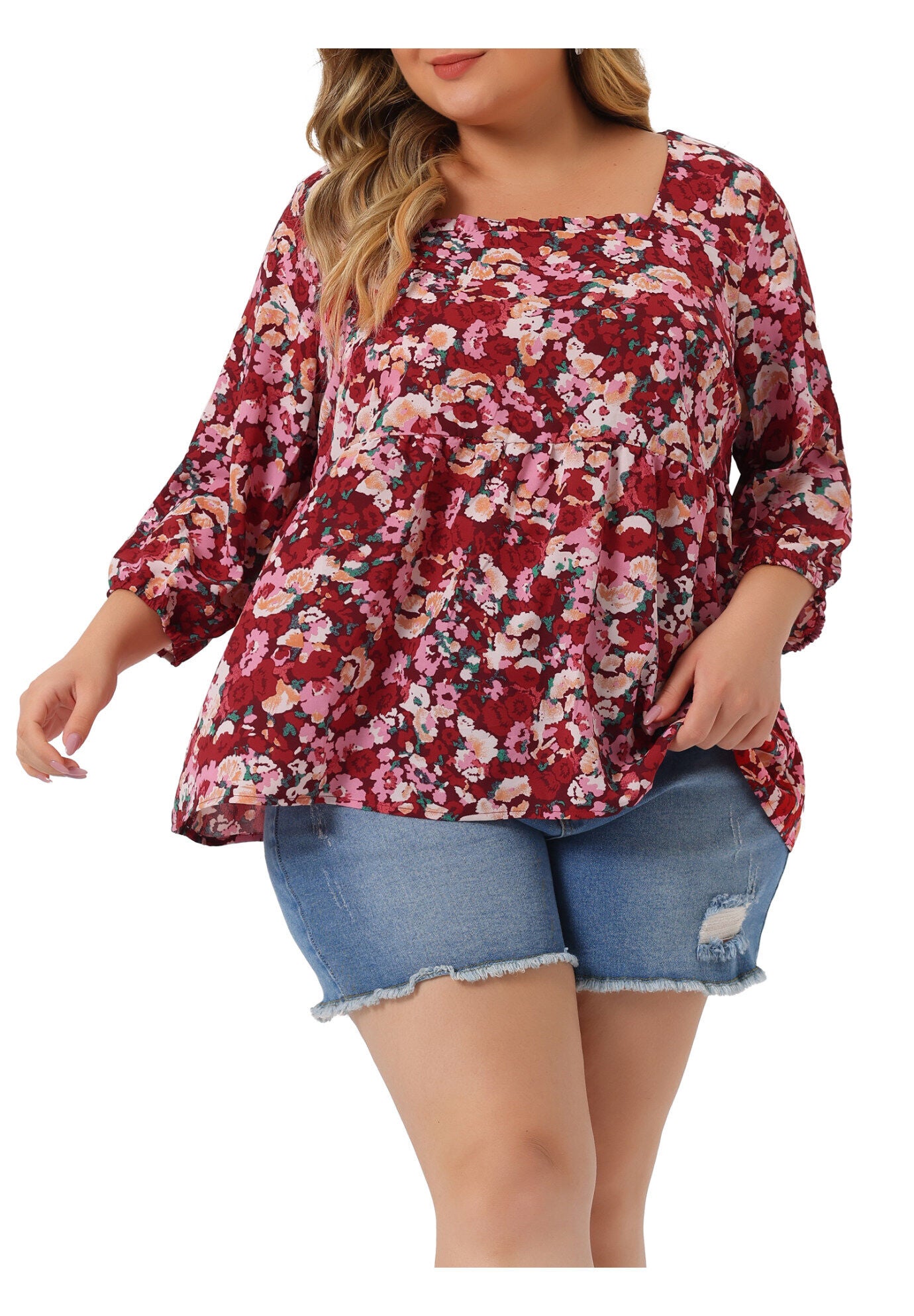 3/4 Sleeve Floral Peplum Babydoll Blouse, Red / Red, alternate image number 1