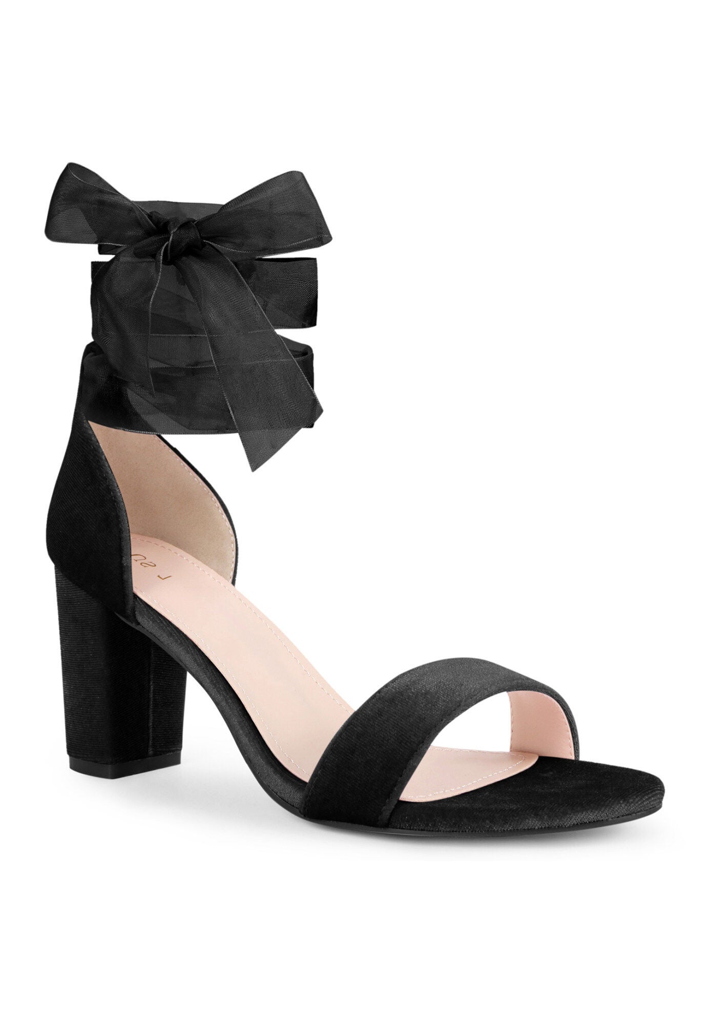 Chunky Heels Lace Up Ballet Velvet Sandals, Black / Black, hi-res image number 0