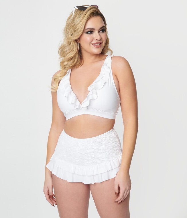 White Ruffle Halter Swim Top, White / White, hi-res image number 0