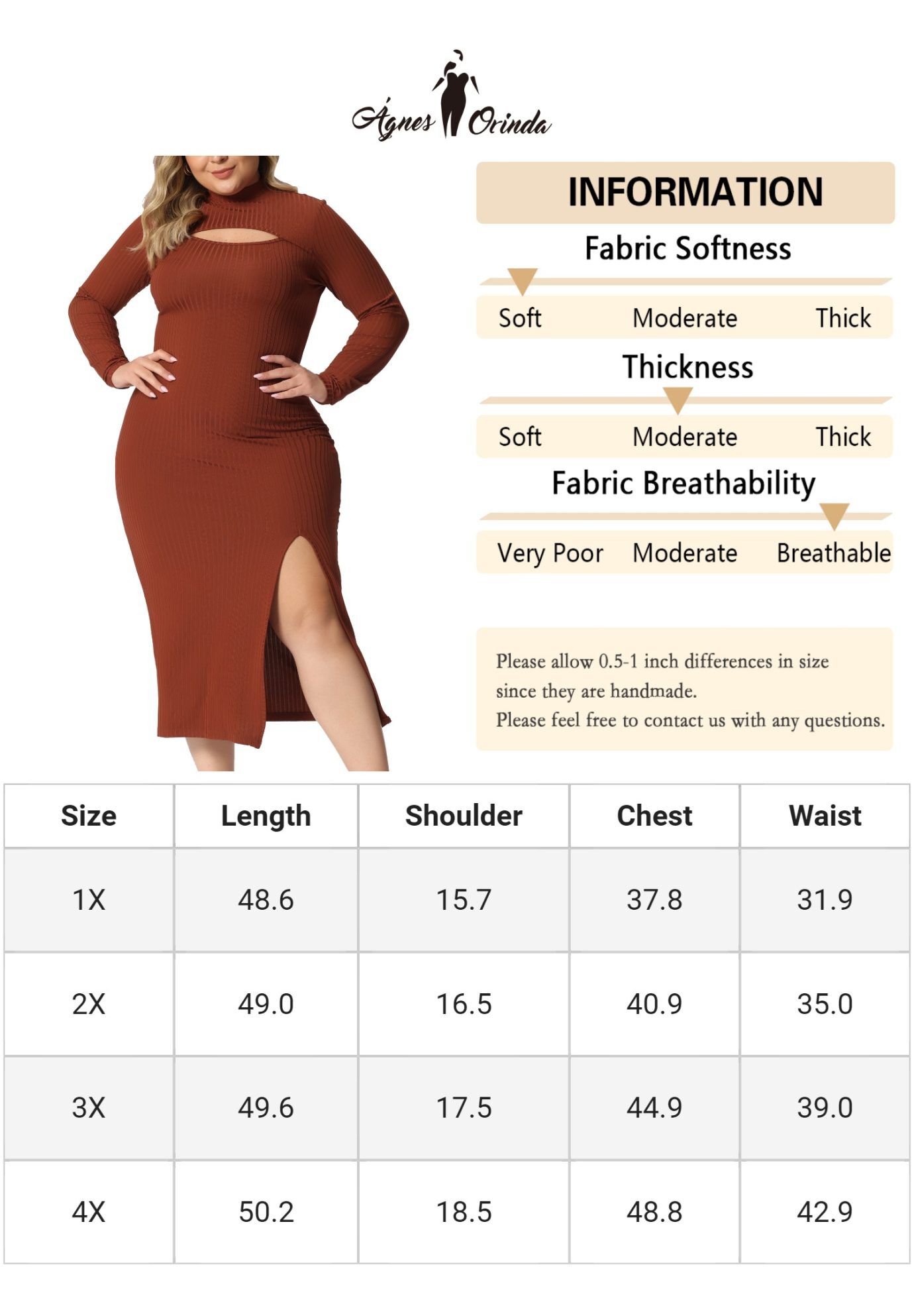 Round Neck Cut Out Front Knee Bodycon Dress, Caramel / Brown, alternate image number 4