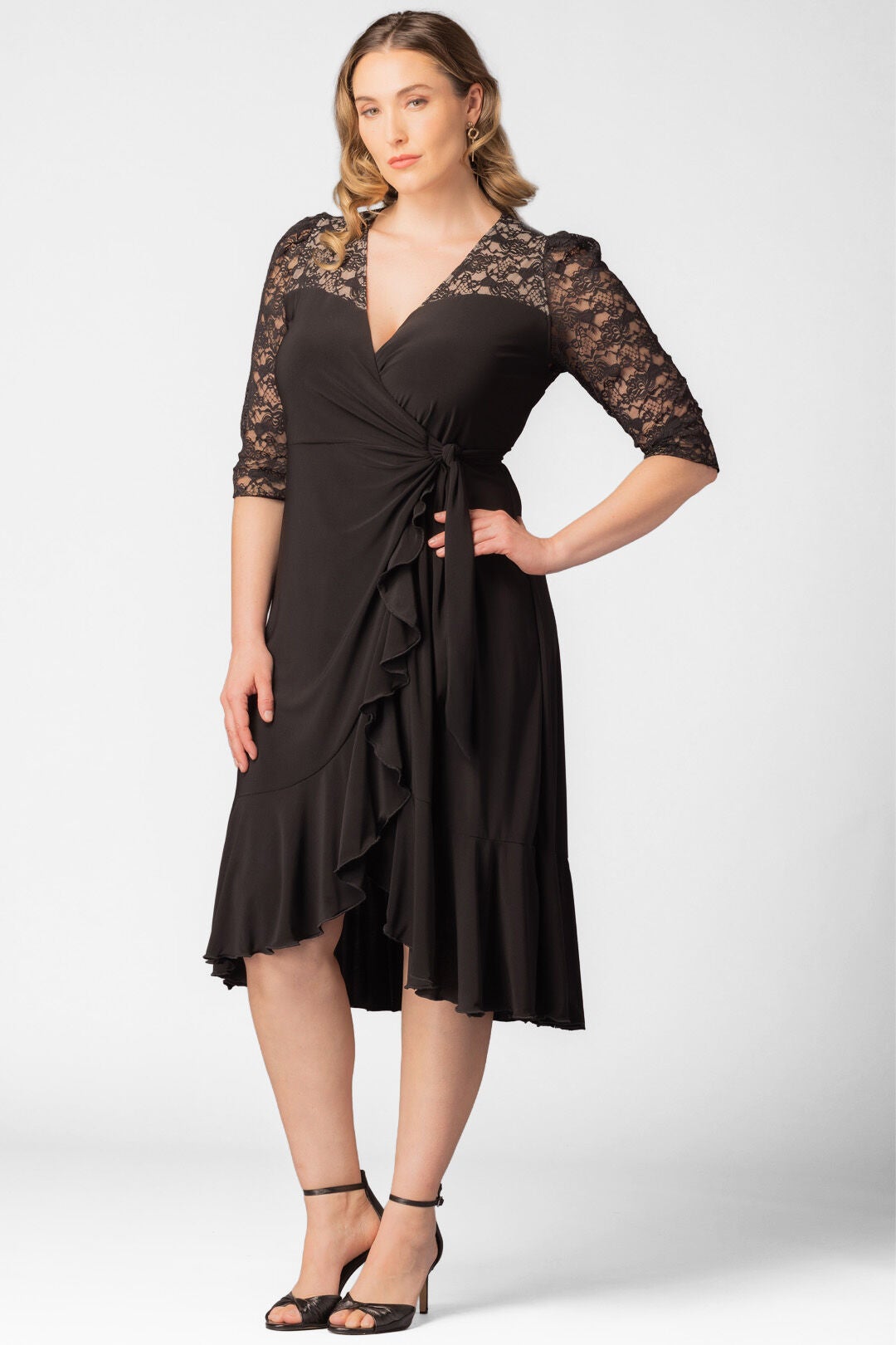 Lavish Lace Wrap Dress, Black Noir / Black, alternate image number 3