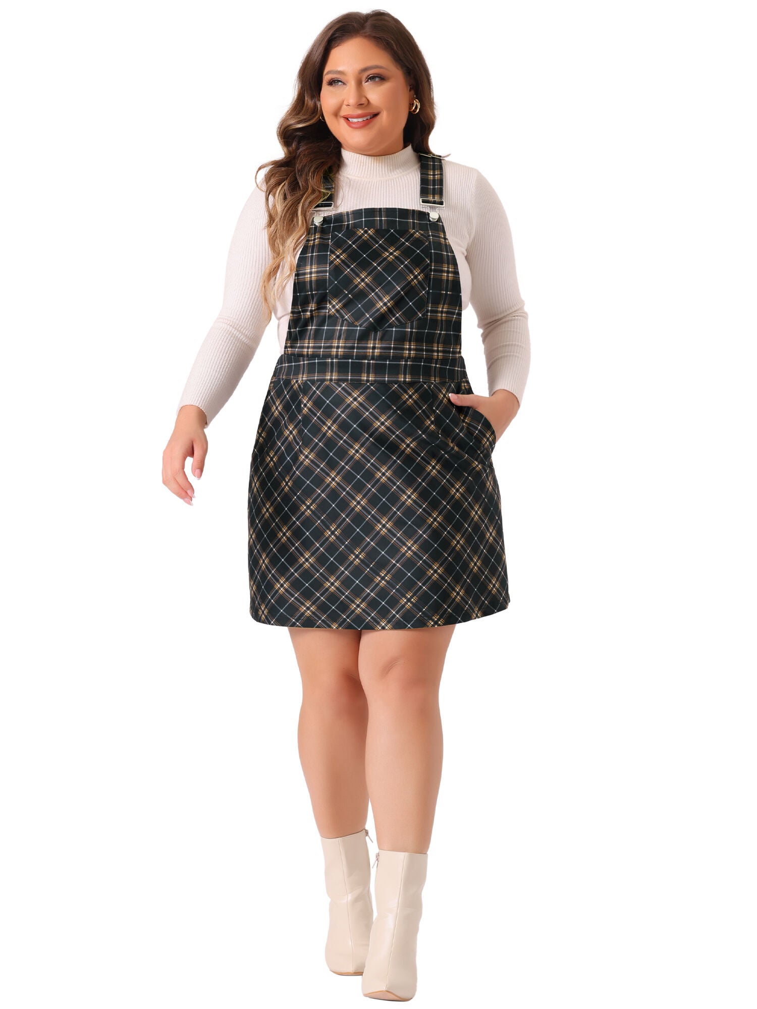 Vintage Plaid Adjustable Straps Pinafore Suspender Skirt Overall Dress, Navy Blue / Navy, alternate image number 2