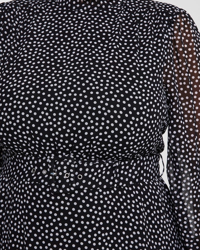 Diana Black Polka Dot Belted Midi Dress, BLACKMILK / Black, alternate image number null