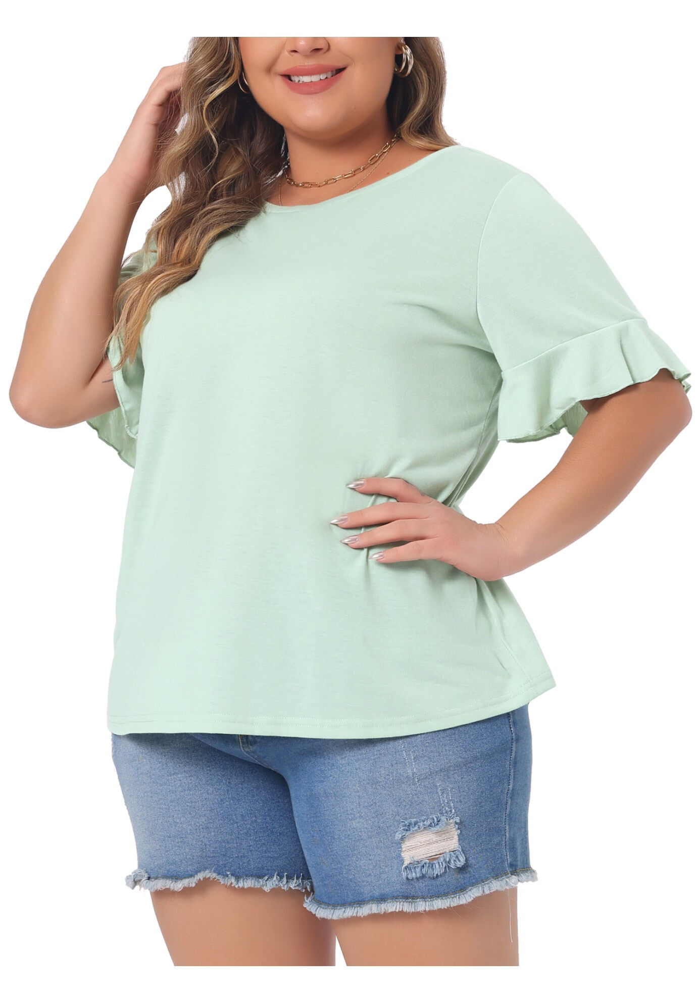 PLAIN CREW NECK RUFFLE SHORT SLEEVE TEE TOP, Mint Green / Light Green, alternate image number 1