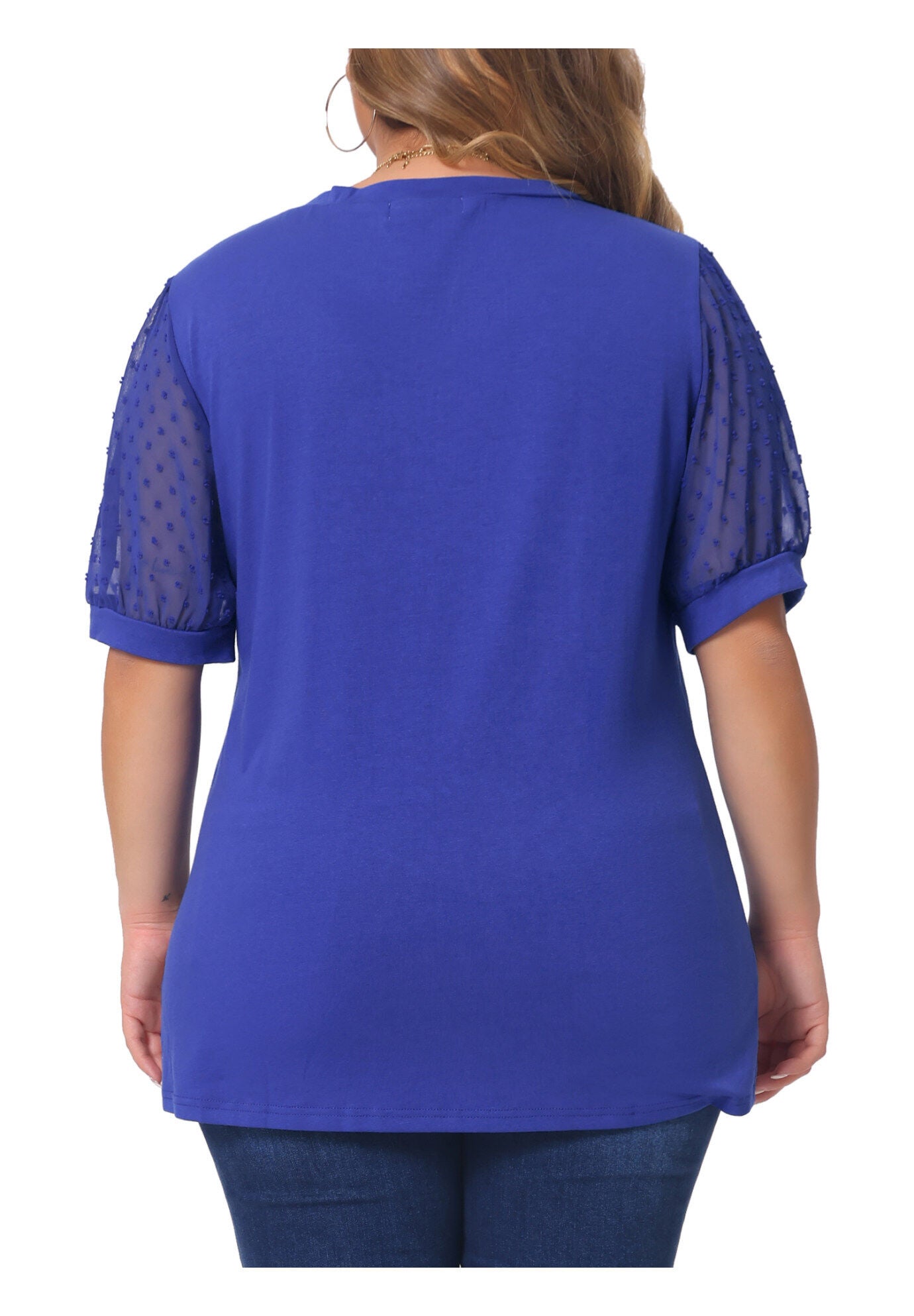 V Neck Swiss Dots Puff Sleeve Loose Top, Blue / Royal Blue, alternate image number 3