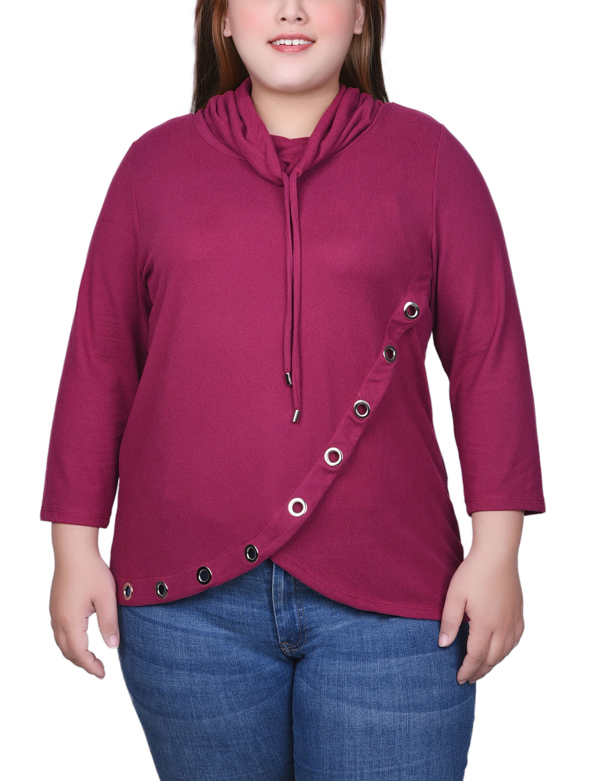 Plus Size 3/4 Slv Top With Grommet Hem, Raspberry Radiance, hi-res image number 0