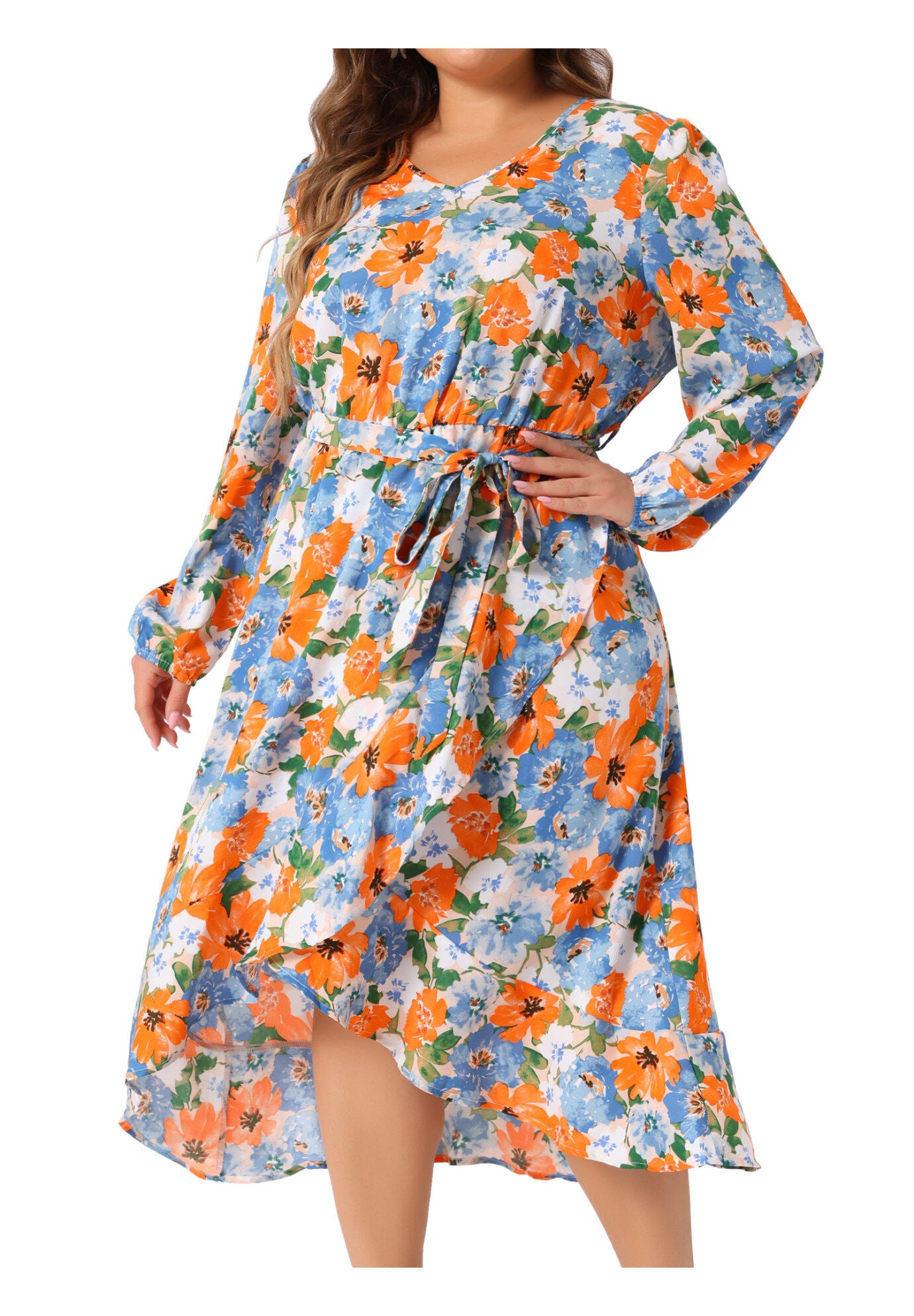 V Neck Long Sleeve Ruffle Chiffon Flowy Floral Maxi Dress with Belt, Beige / Beige, alternate image number 1