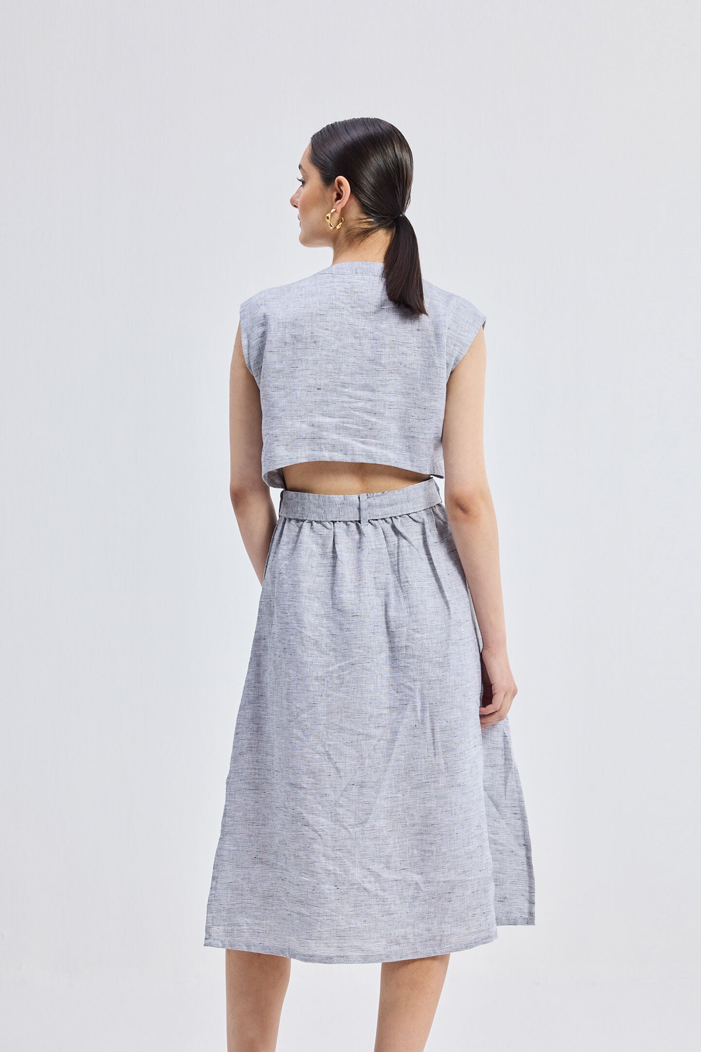 Back Cut Out Linen Dress, Pin striped Linen / Cool Gray, alternate image number 5