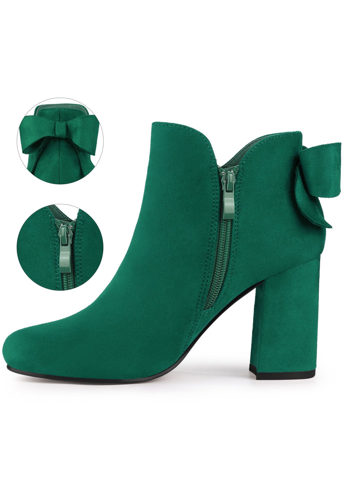 Round Toe Bow Decor Chunky Heel Ankle Boots, Green / Forest Green, alternate image number 2