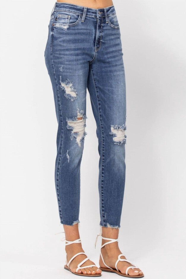 DESTROYED HIGH RISE RELAXED FIT JEAN IN MEDIUM WASH, , alternate image number 6