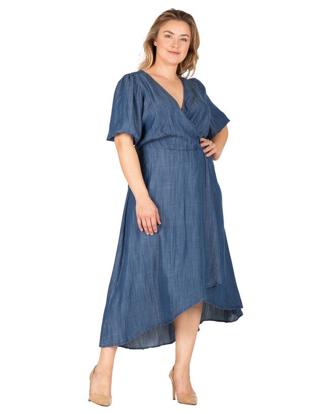 Lilly Women's Puff Sleeves High Low Tencel Dress, Blue Rinse / Navy, alternate image number 3