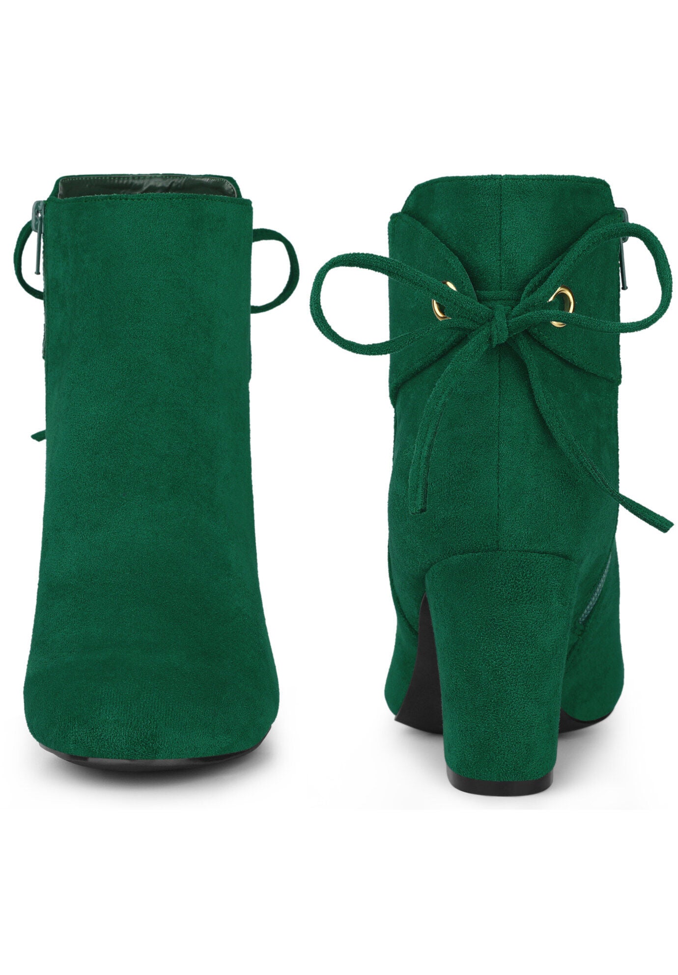 Round Toe Lace Up Back Chunky High Heels Ankle Boots, Emerald Green / Forest Green, alternate image number 1