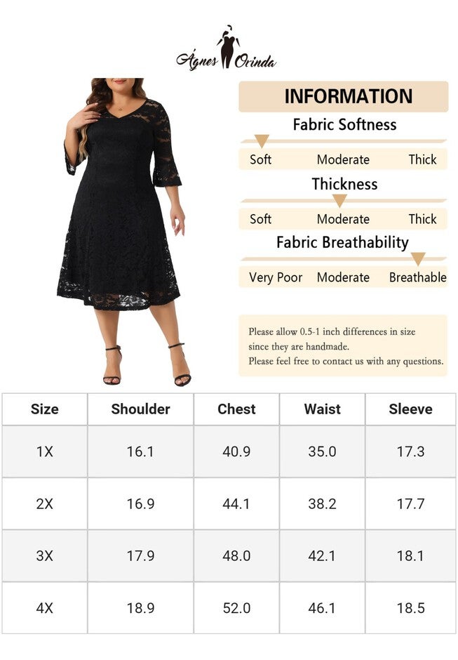 Lace V-Neck 3/4 Sleeve Midi Swing Evening Bridesmaid Dress, Black / Black, alternate image number 3