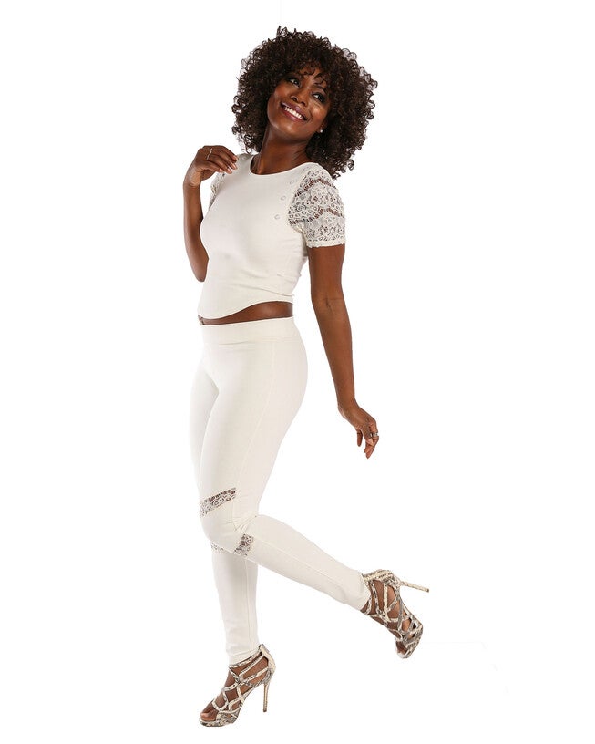 Janet Black Pull On Ponte Leggings with Lace Insert, Ivory / Ivory, alternate image number 1
