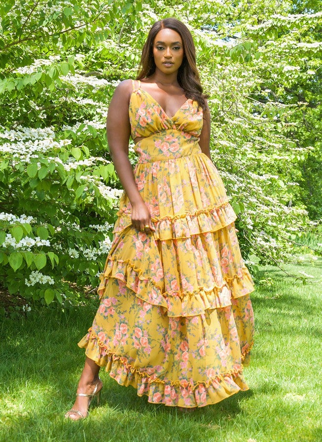 FELICITY FLORAL CUT OUT MAXI SHEATH DRESS, Mustard / Mustard, alternate image number 1