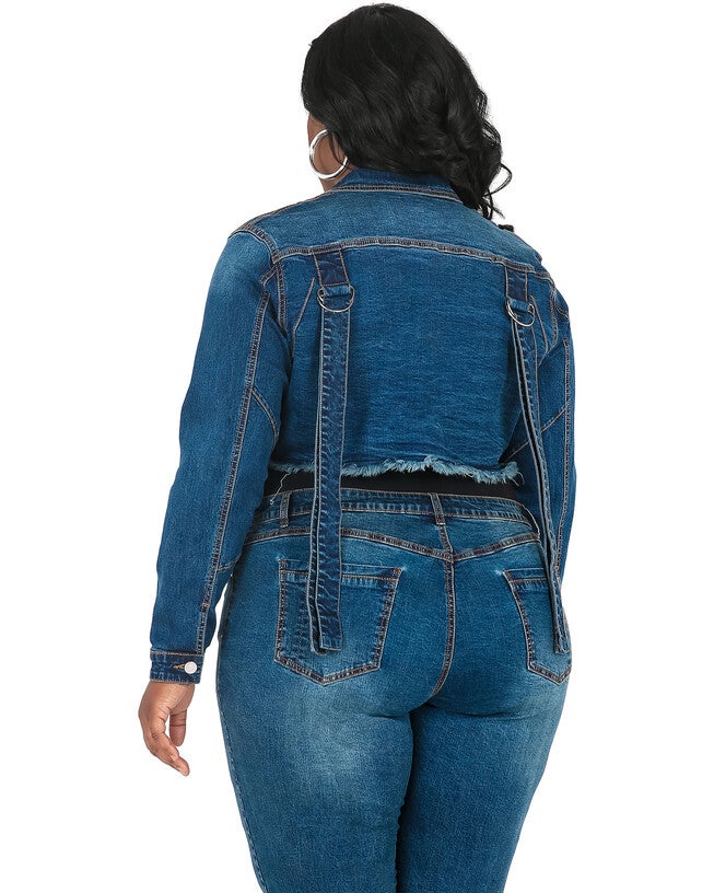 Plus Size Kaye Indigo Tinted Cropped Denim Jacket - Frayed Hem & Hanging Strap Detail, Blue / Dark Wash, alternate image number 1