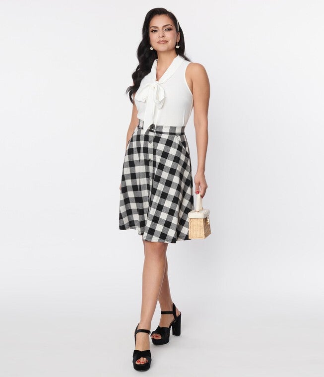 Unique Vintage Black & White Gingham Swing Skirt, Black Gingham / Black, hi-res image number 0