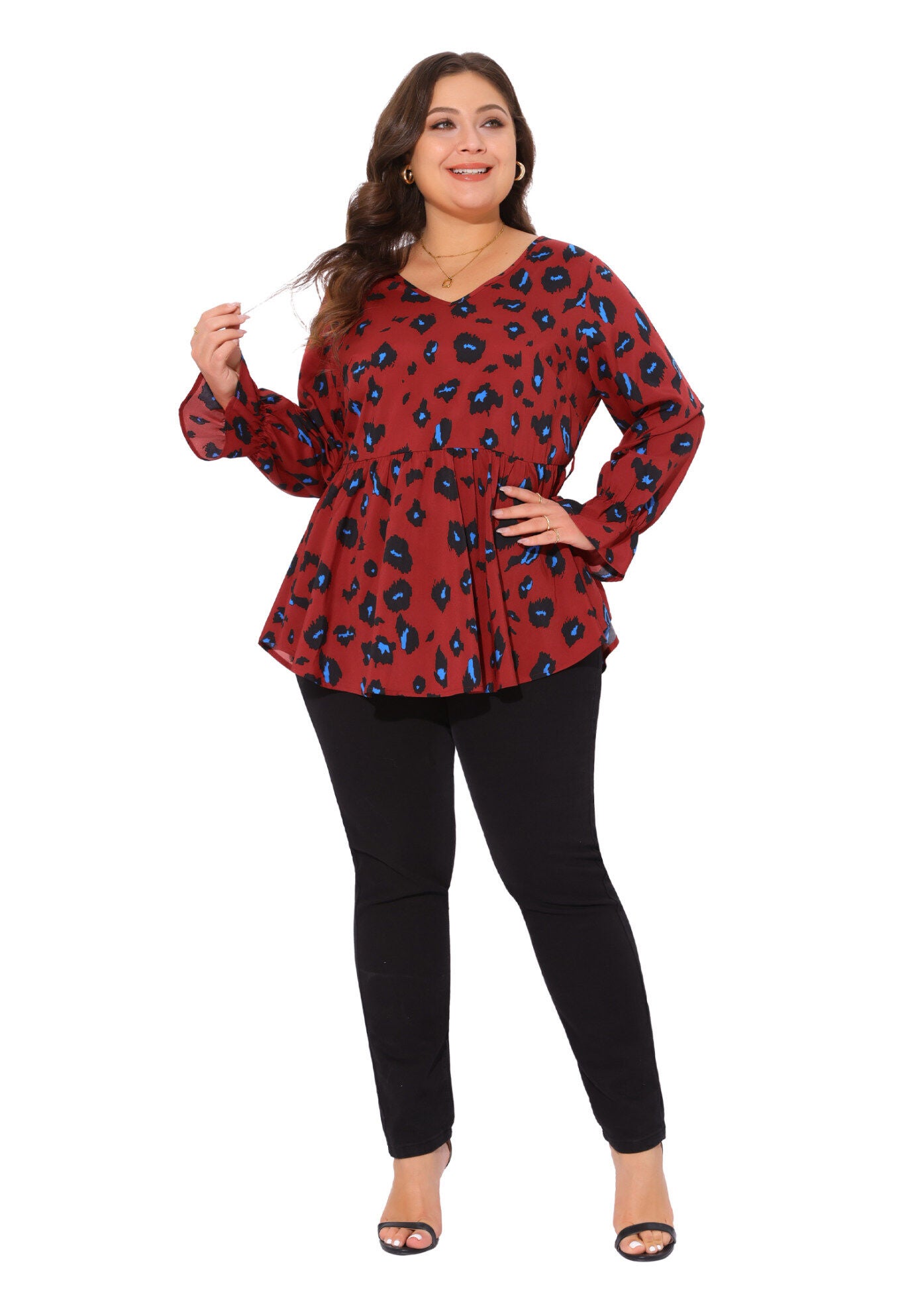 Graphic Print Belted Long Sleeve Peplum Blouse, Red / Red, hi-res image number 0