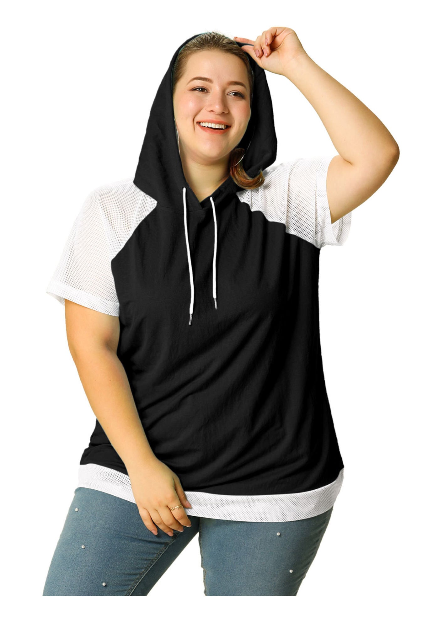 SHORT SLEEVES DRAWSTRING LOOSE RAGLAN HOODIE TOP, Black / Black, alternate image number 2