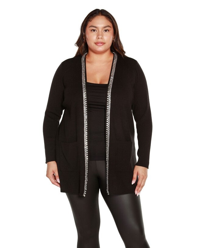 Plus Size Rhinestone Trim Open-Front Cardigan, Black / Black, hi-res image number null