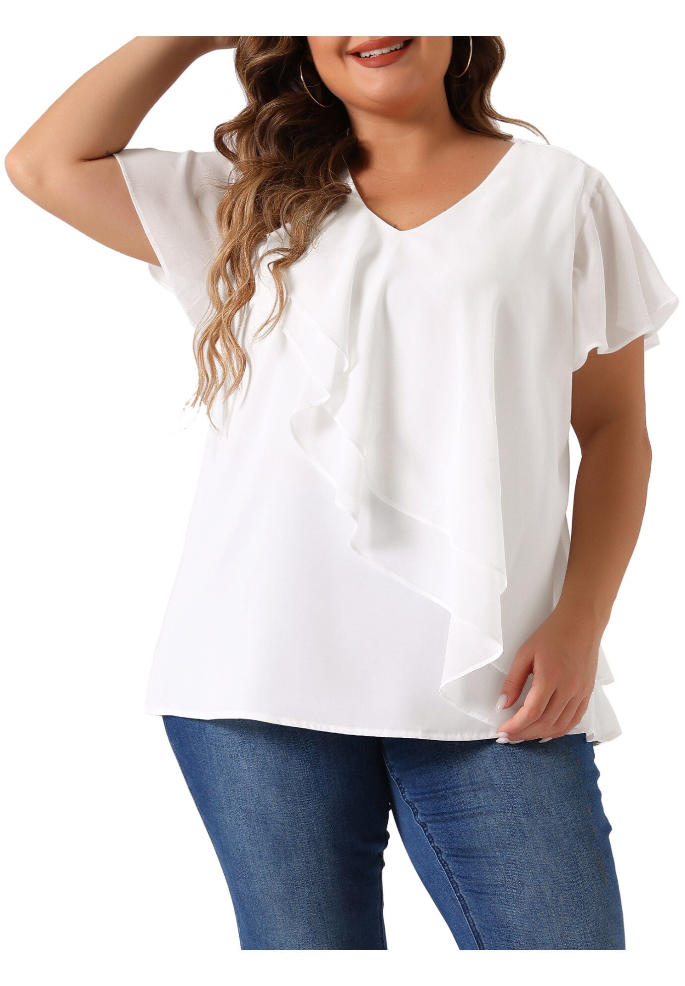 Flutter Sleeves Blouse V Neck Layer Chiffon Ruffle Top, White / White, alternate image number 2