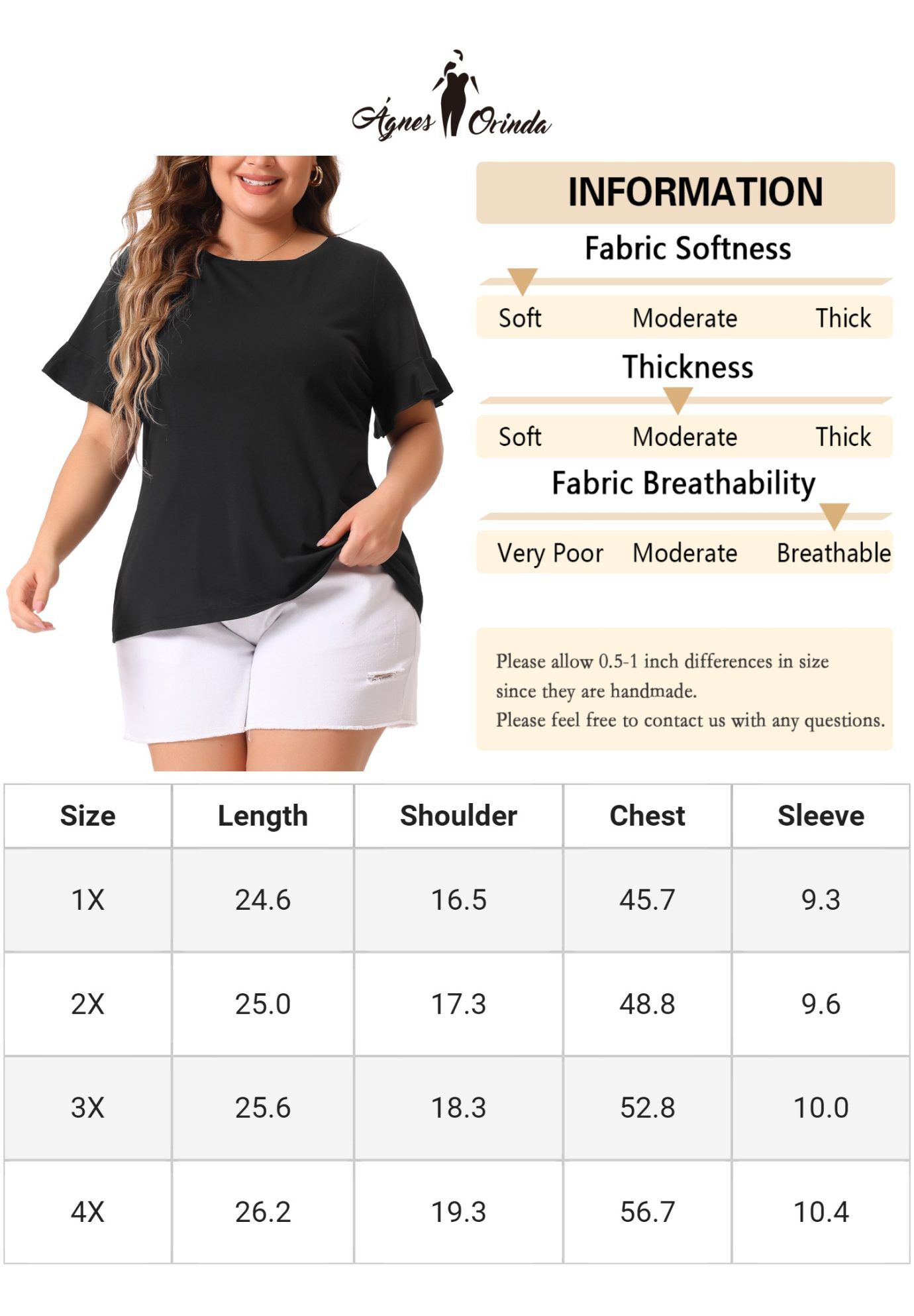 PLAIN CREW NECK RUFFLE SHORT SLEEVE TEE TOP, Black / Black, alternate image number 4