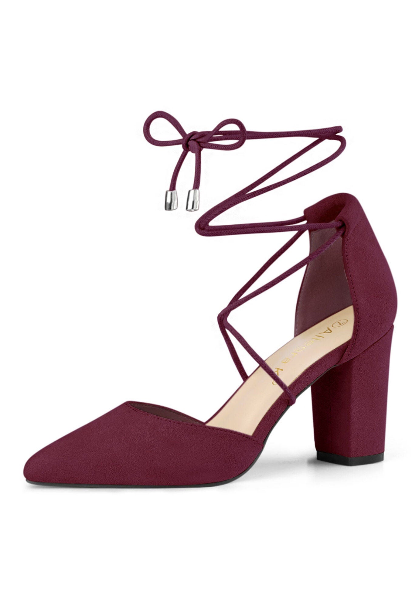 Pointed Toe Chunky Heels Lace Up Sandals Pumps, Burgundy / Burgundy, hi-res image number 0