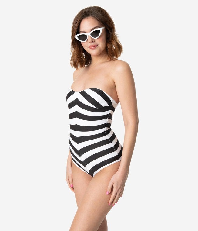 Barbie x Unique Vintage Black & White Chevron Stripe One Piece Bathing Suit, Black White Striped / Black, hi-res image number 0