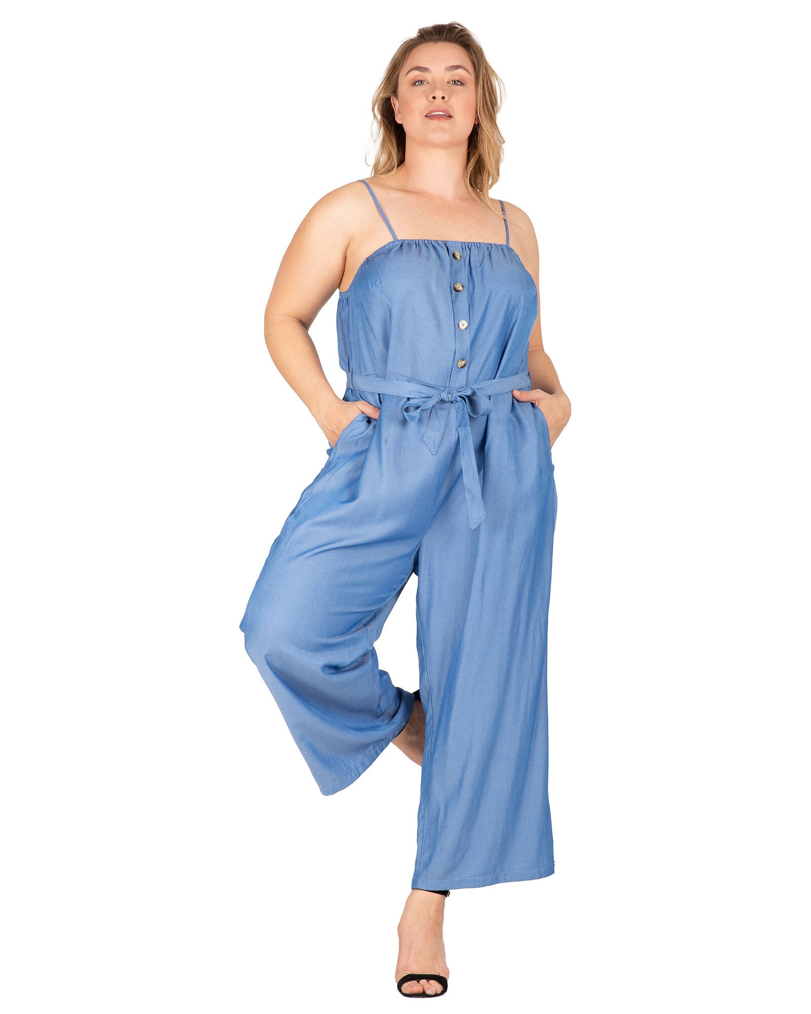 Charli Women&#39;s Adjustable Spaghetti Strap Elastic Neckline High Waist Jumpsuit, Bleach Blue / Light Wash, alternate image number 1