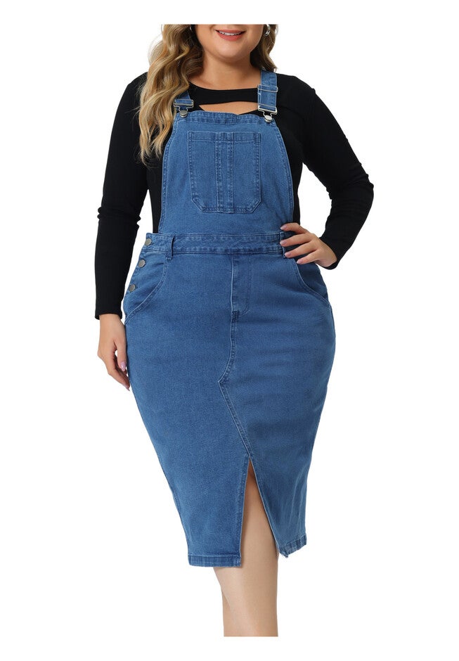 Denim Overall Classic Adjustable Straps Slit Hem Jeans Suspender Dress, Blue / Chambray Denim Medium, alternate image number 2